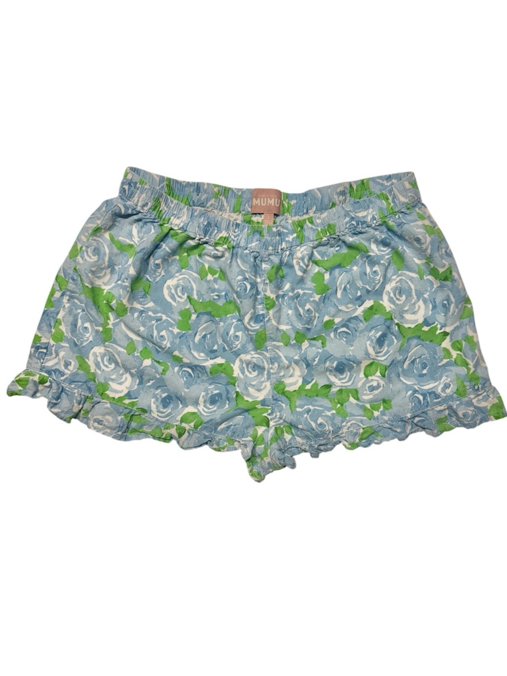 SHOW ME YOUR MUMU Pajama Shorts 100% Cotton Blue/Green Floral Ruffle Size Large